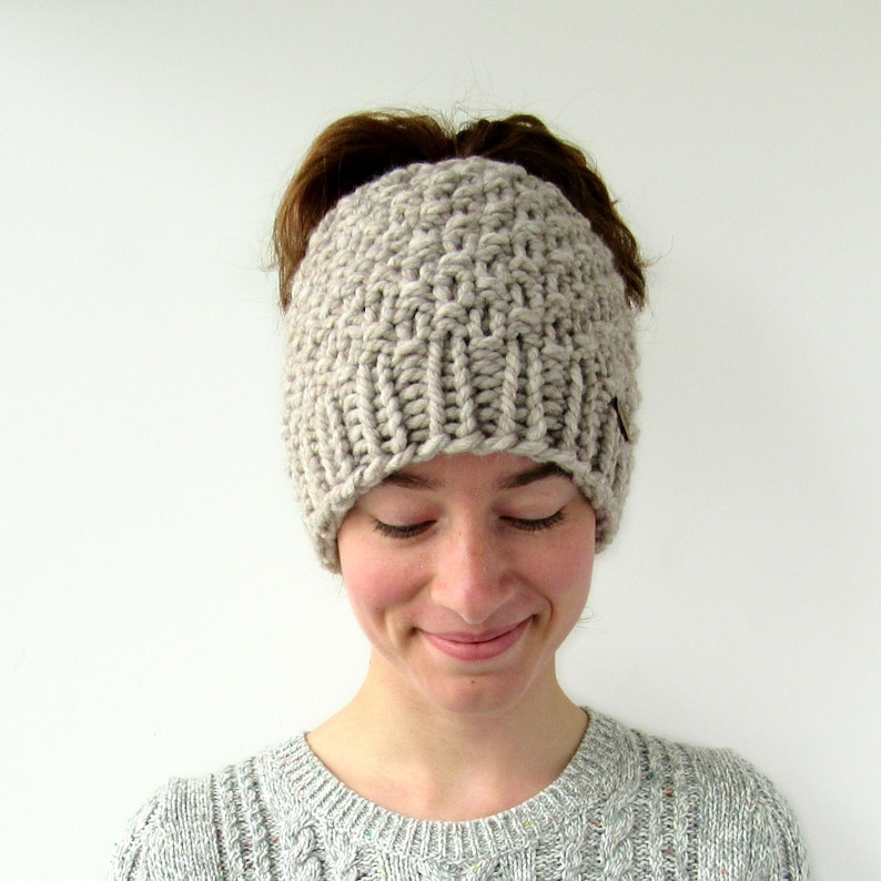 Moss Stitch Winter Beanie with Hole Chunky Knit Messy Bun Beanie Gift for Her Made in Alaska Messy Bun Hat