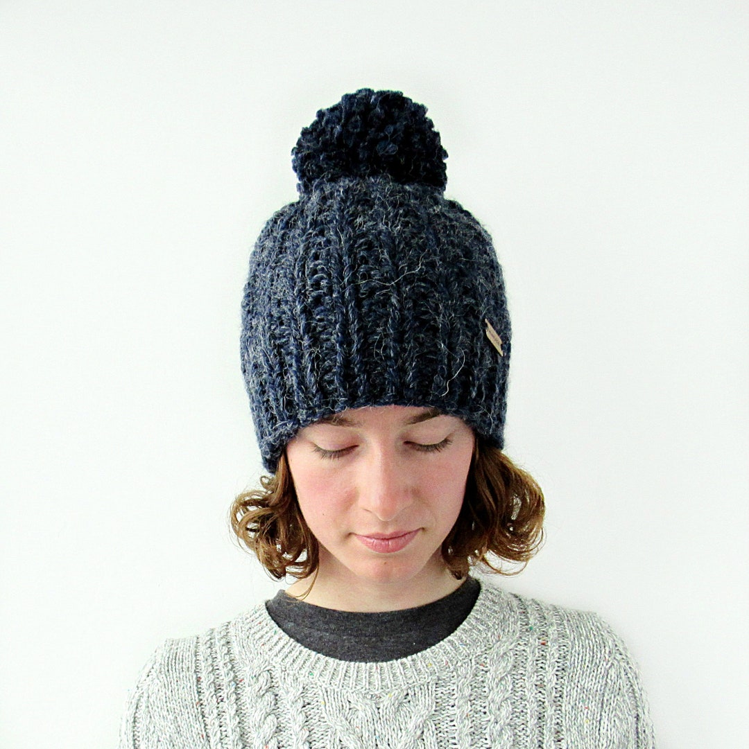 Navy Blue Chunky Knit Pom Pom Hat Women's Winter Pompom Beanie Handmade