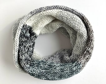 Knitted Infinity Scarf - Women's Knit Circle Scarf - Neutral Tones Gray Black- Handmade in Alaska