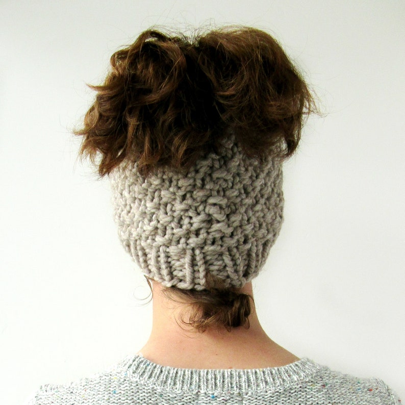 Moss Stitch Winter Beanie with Hole Chunky Knit Messy Bun Beanie Gift for Her Made in Alaska Messy Bun Hat
