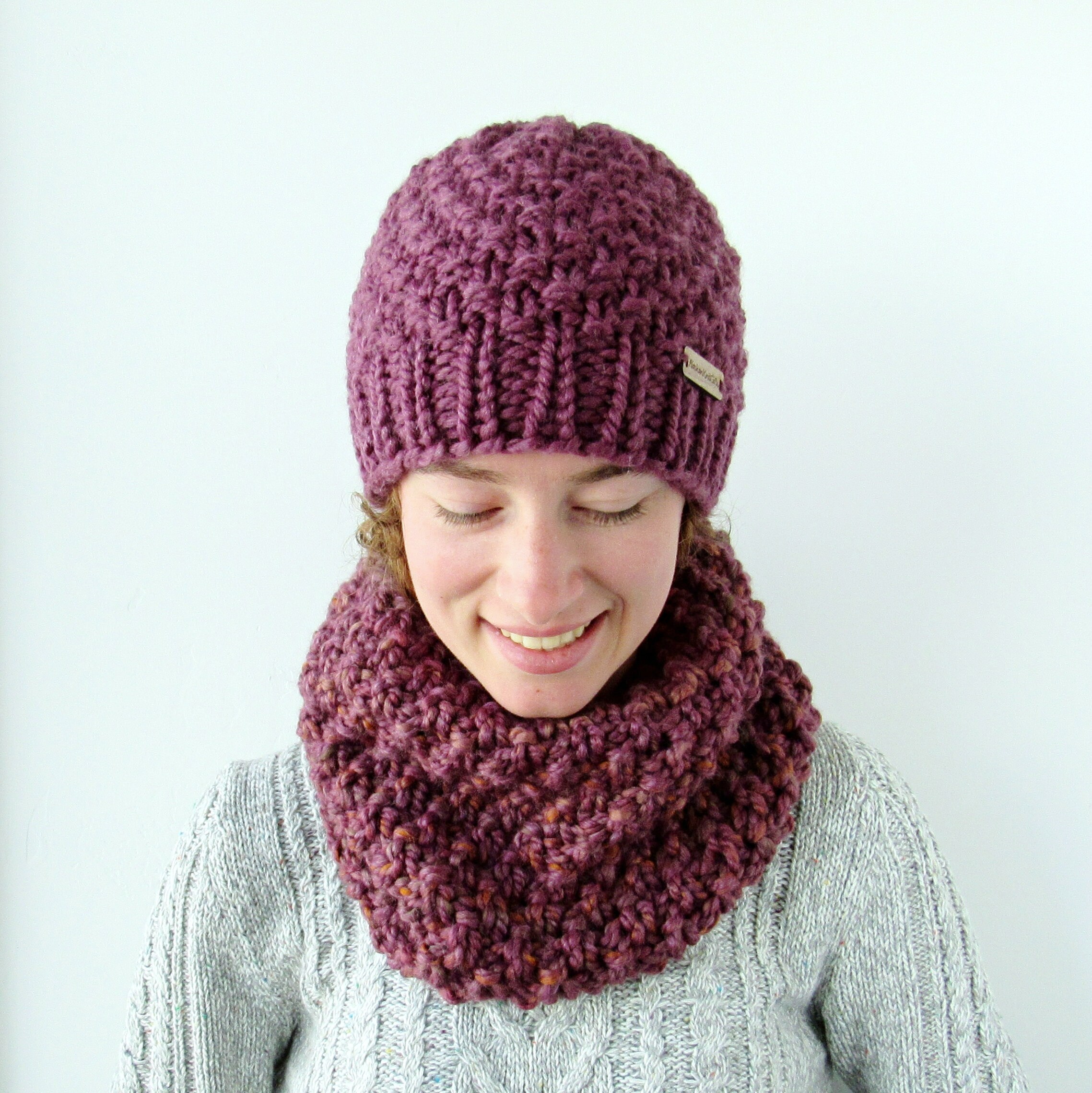 Chunky Knit Beanie and Cowl Scarf Set - Women's Hat and Circle Scarf ...