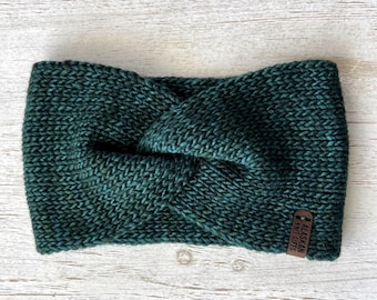 Merino Wool Twist Knitted Ear Warmer - Green Winter Headband - Knit Headwrap