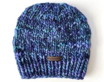 Merino Wool Chunky Knit Beanie - Blue Hand Knit Luxury Winter Hat for Women