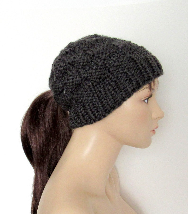 Running Active Winter Hat Chunky Knit Beanie with Pony Tail Hole Handmade in Alaska Wool Blend Dark Gray Low Ponytail Hat