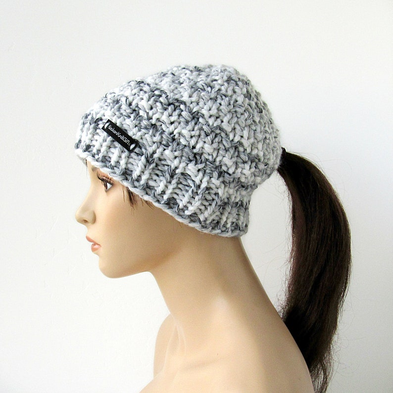 Low Ponytail Beanie Ponytail Hat Chunky Knit Black Multi Etsy