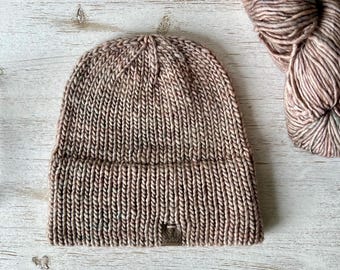 Merino Wool Knitted Double Brim Beanie Hat in Neutral Brown Taupe