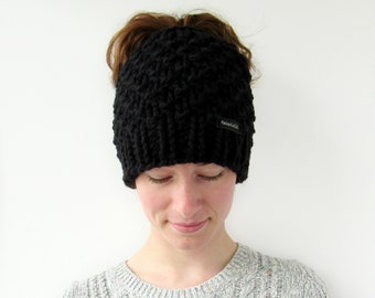 Chunky Knit Messy Bun Beanie, Hat with Bun Hole, Ponytail Hat, Made in Alaska