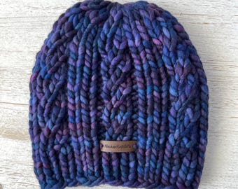Merino Wool Chunky Knit Beanie - Hand Knitted Women's Winter Hat in Purple and Blue