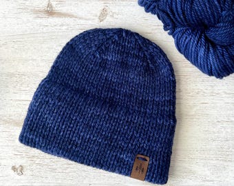Blue Merino Wool Knitted Double Brim Beanie - Hand Knit Hat for Women or Men