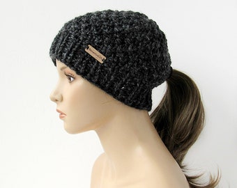 Charcoal Gray Ponytail Beanie with Hole - Chunky Knit Low Ponytail Hat - Optional Matching Fingerless Gloves - Handmade in Alaska