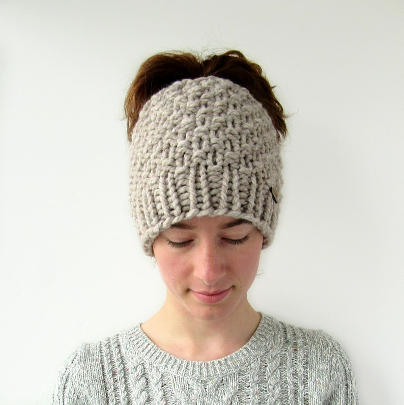 Moss Stitch Winter Beanie with Hole Chunky Knit Messy Bun Beanie Gift for Her Made in Alaska Messy Bun Hat