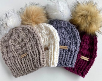 Chunky Knit Merino Wool Beanie - Women's Knitted Faux Fur Pom Pom Hat - Hand-Knitted