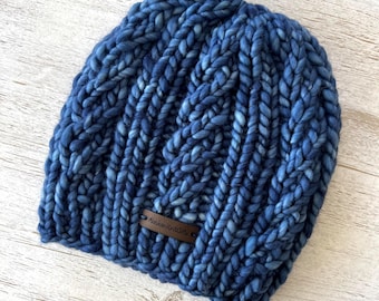 Blue Merino Wool Chunky Knit Beanie - Hand Knitted Cable Hat for Winter