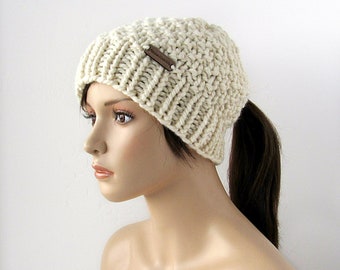 Ponytail Beanie - Chunky Knit Low Ponytail Hat - Winter Hat with Hole - Pony Tail Cap - Handmade In Alaska