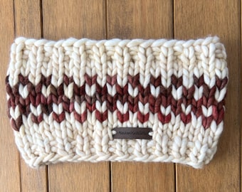 Chunky Knit Merino Wool Fair Isle Ear Warmer - Hand Knitted Fall Winter Headband