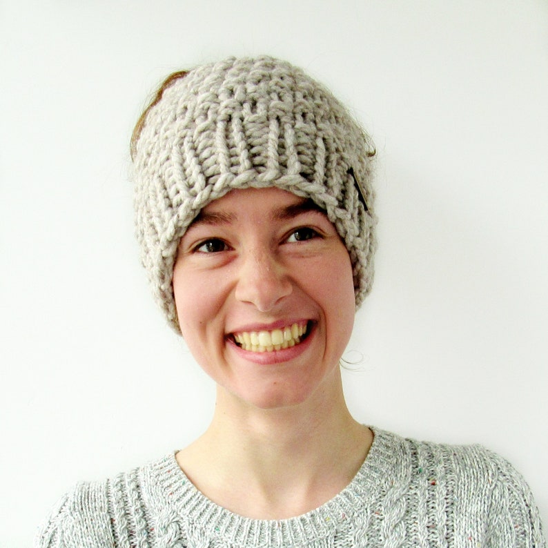 Moss Stitch Winter Beanie with Hole Chunky Knit Messy Bun Beanie Gift for Her Made in Alaska Messy Bun Hat