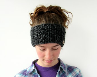 Chunky Knit Charcoal Gray Ear Warmer - Knitted Headband for Fall and Winter - Handmade in USA