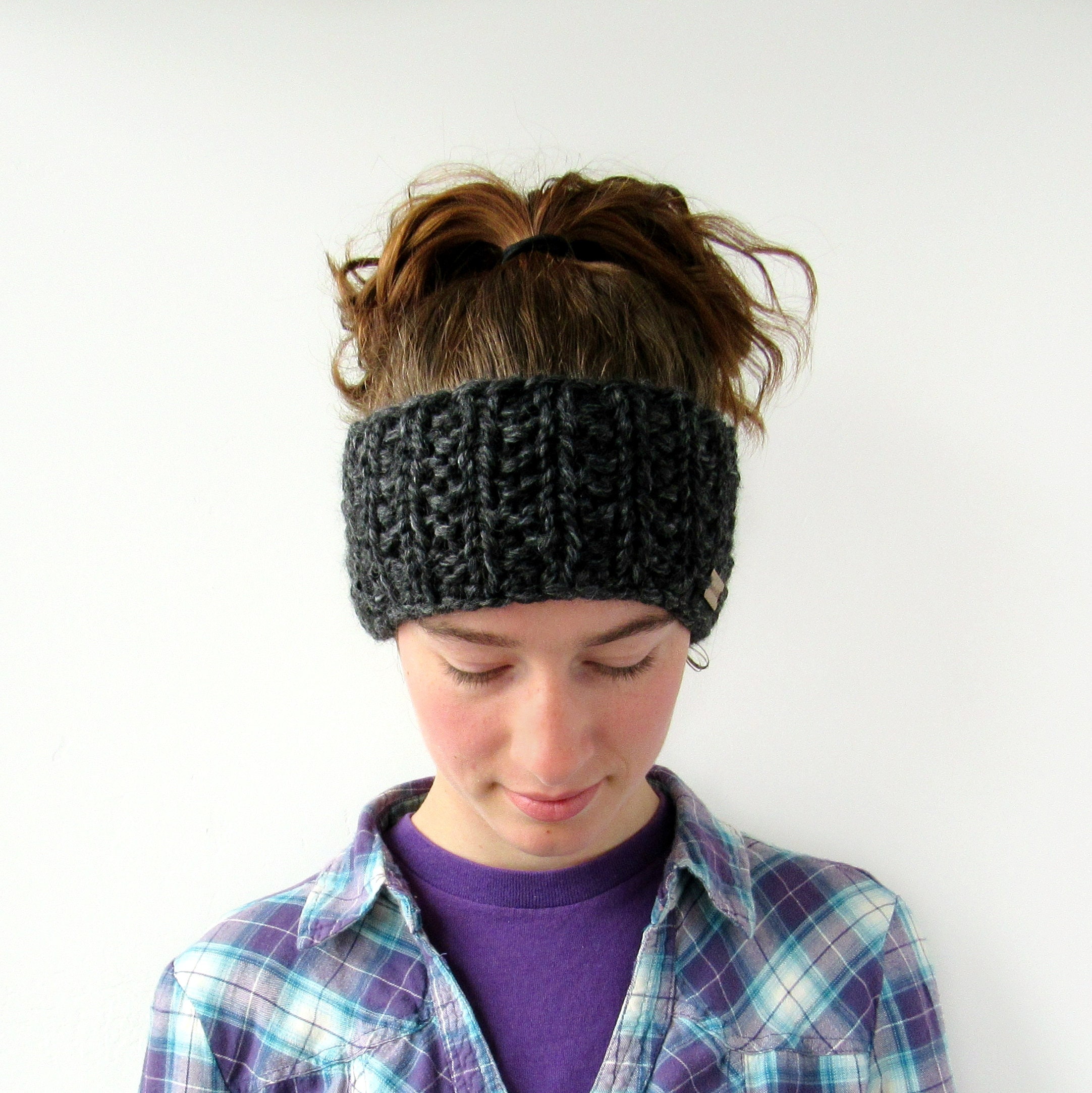 Elegant Gray Knit Headband with Crystal Accents Knitted Fall Womens Head Accessory, Soft Braided Merino Wool  main image 3