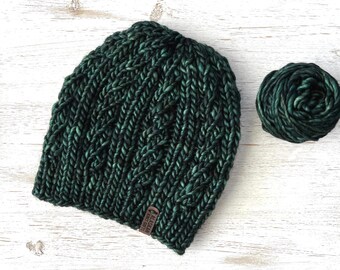 Green Merino Wool Hand Knit Cable Beanie Hat for Women or Men