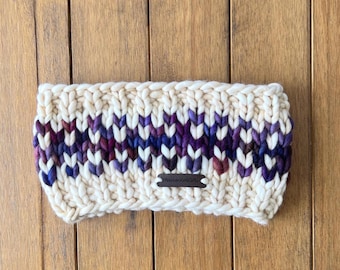 Chunky Knit Merino Wool Ear Warmer - Knitted Fair Isle Headband for Fall and Winter