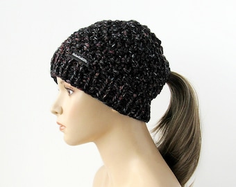 Low Ponytail Beanie -  Ponytail Hat - Chunky Knit - Black Multi - Outdoor Active Hat -