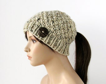 Chunky Knit Ponytail Beanie - Low Ponytail Hat for Winter with Hole - Handmade in Alaska