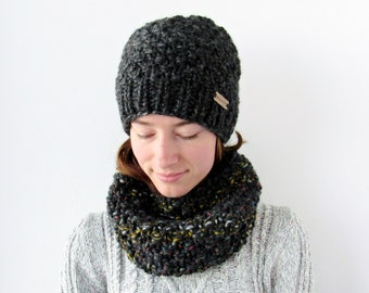 Chunky Knit Beanie and Cowl Set - Charcoal Gray Knitted Hat and Circle Scarf Set - Gift Set for Her - Hand Knit