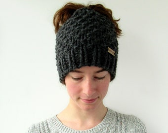 Charcoal Gray Messy Bun Hat - Chunky Knit Beanie with Hole for Bun or High Ponytail - Handmade USA