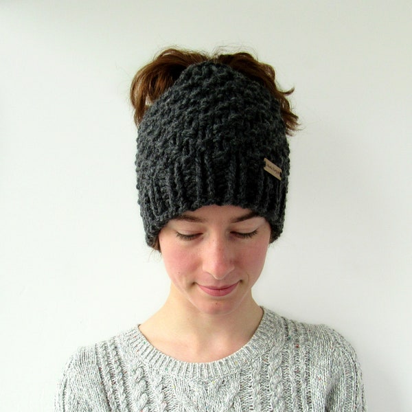 Charcoal Gray Messy Bun Hat, Chunky Knit Beanie with Hole for Bun or High Ponytail, Handmade in Alaska