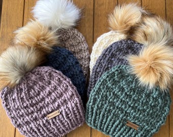 Merino Wool Chunky Knit Beanie with Faux Fur Pom Pom - Hand Knitted Winter Hat for Women