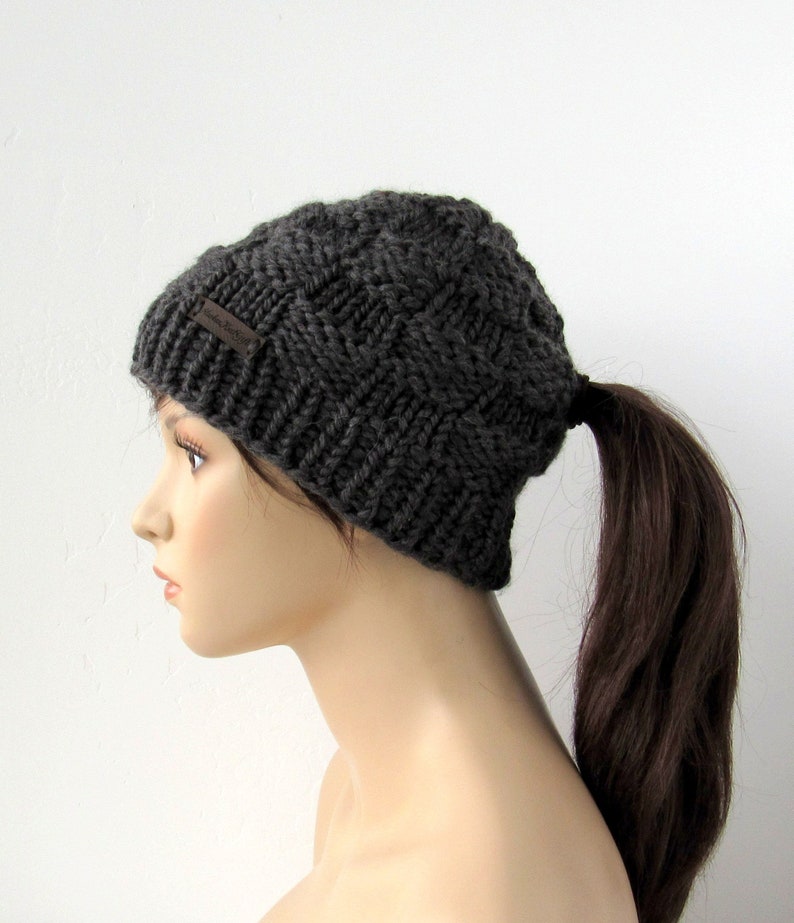 Running Active Winter Hat Chunky Knit Beanie with Pony Tail Hole Handmade in Alaska Wool Blend Dark Gray Low Ponytail Hat