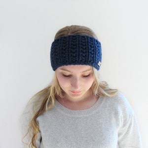 Navy Blue Chunky Knit Ear Warmer - WOOL FREE - Knitted Winter Headband - Head Wrap - Handmade