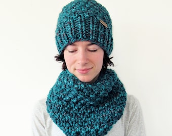 Teal Chunky Knit Beanie Hat and Cowl Scarf Set - Women's Knitted Winter Gift Set - Handmade