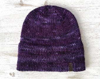 Purple Merino Wool Hand Knit Beanie - Knitted Double Brim Winter Hat for Women