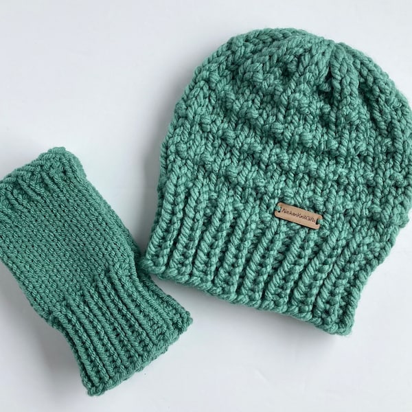 Chunky Knit Beanie Hat and Fingerless Gloves Set - Handmade Gift for Women Teen - Made in Alaska