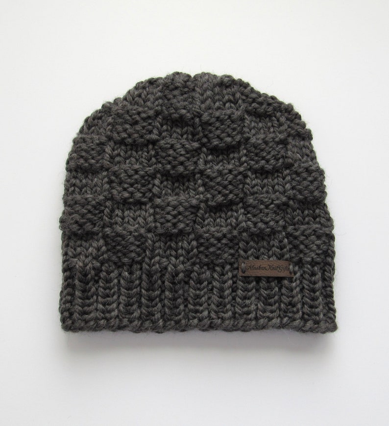 Running Active Winter Hat Chunky Knit Beanie with Pony Tail Hole Handmade in Alaska Wool Blend Dark Gray Low Ponytail Hat