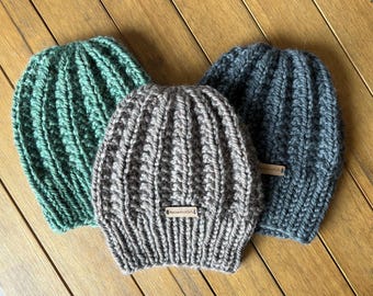 Hand Knit Wool Hat for Men or Women - Chunky Knitted Wool Winter Beanie Cap