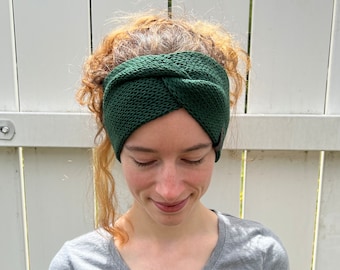 Merino Wool Knitted Ear Warmer - Luxery Knit Head Wrap - Green Twisted Winter Headband