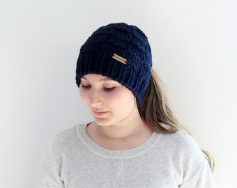 Navy Low Ponytail Beanie - WOOL FREE Chunky Knit Hat with Ponytail Hole - Women's Winter Hat - Low Ponytail Hat - Handmade in Alaska
