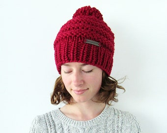 Red Chunky Knit Pom Pom Beanie - Women's Winter Hat