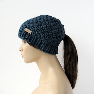Blue Knit Ponytail Hat - Beanie with Hole - Classic Ponytail Hat with Low Hole - Low Ponytail Hat - Handmade Gift