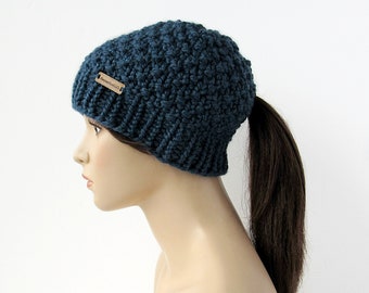 Blue Knit Ponytail Hat - Beanie with Hole - Classic Ponytail Hat with Low Hole - Low Ponytail Hat - Handmade in Alaska