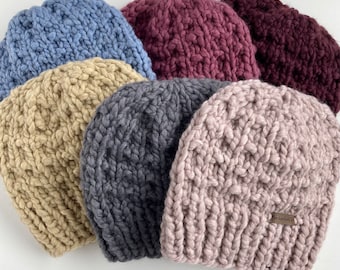 Merino Wool Chunky Hand Knit Beanie for Women - Luxury Knitted Woman's Winter Hat
