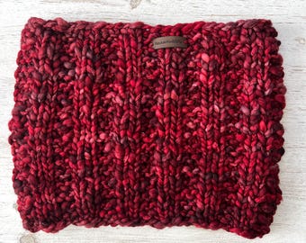 Merino Wool Chunky Knit Cowl for Fall and Winter Knitted in Dark Red