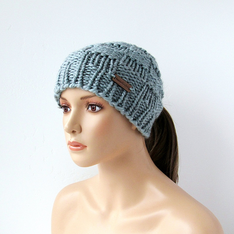 Gray Ponytail Beanie Chunky Knit Hat With Ponytail Hole Etsy