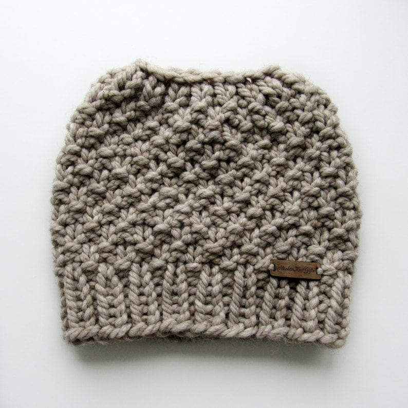 Moss Stitch Winter Beanie with Hole Chunky Knit Messy Bun Beanie Gift for Her Made in Alaska Messy Bun Hat