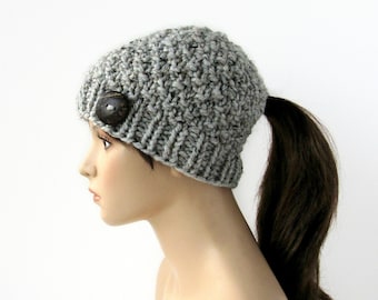 Chunky Knit Gray Tweed Ponytail Beanie - Low Ponytail Hat - Winter Hat with Hole  - Handmade in Alaska