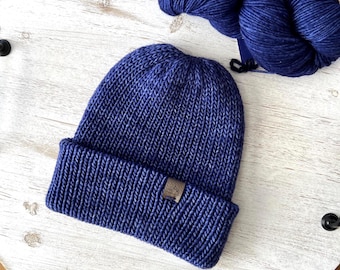 Blue Merino Wool Knitted Beanie - Double Layer Knit Winter Hat for Women or Men