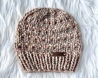 Merino Wool Chunky Knit Beanie - Hand Knit Luxury Winter Hat for Women in Neutral Brown Tones