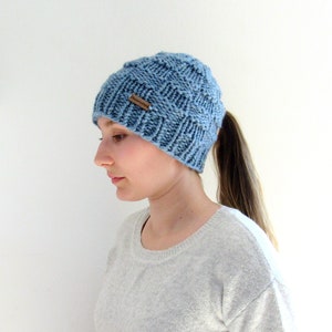 Running Active Winter Hat Chunky Knit Beanie with Pony Tail Hole Handmade in Alaska Wool Blend Dark Gray Low Ponytail Hat